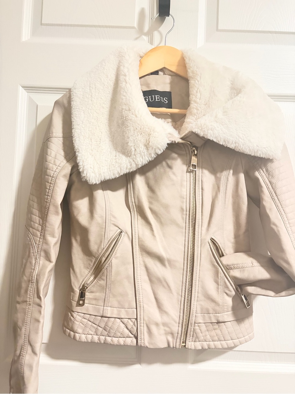 GUESS Cream Faux-Shearling Collar Leather-Style Moto Jacket